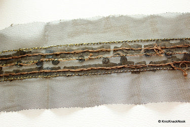 Black Net Lace Trim With Antique Bronze Sequins, Approx. 75mm wide